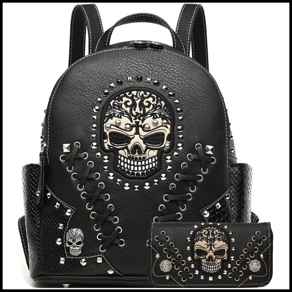 Punk Style Vegan Leather Backpack Wallet Set Adjustable Straps Daypack main image 6